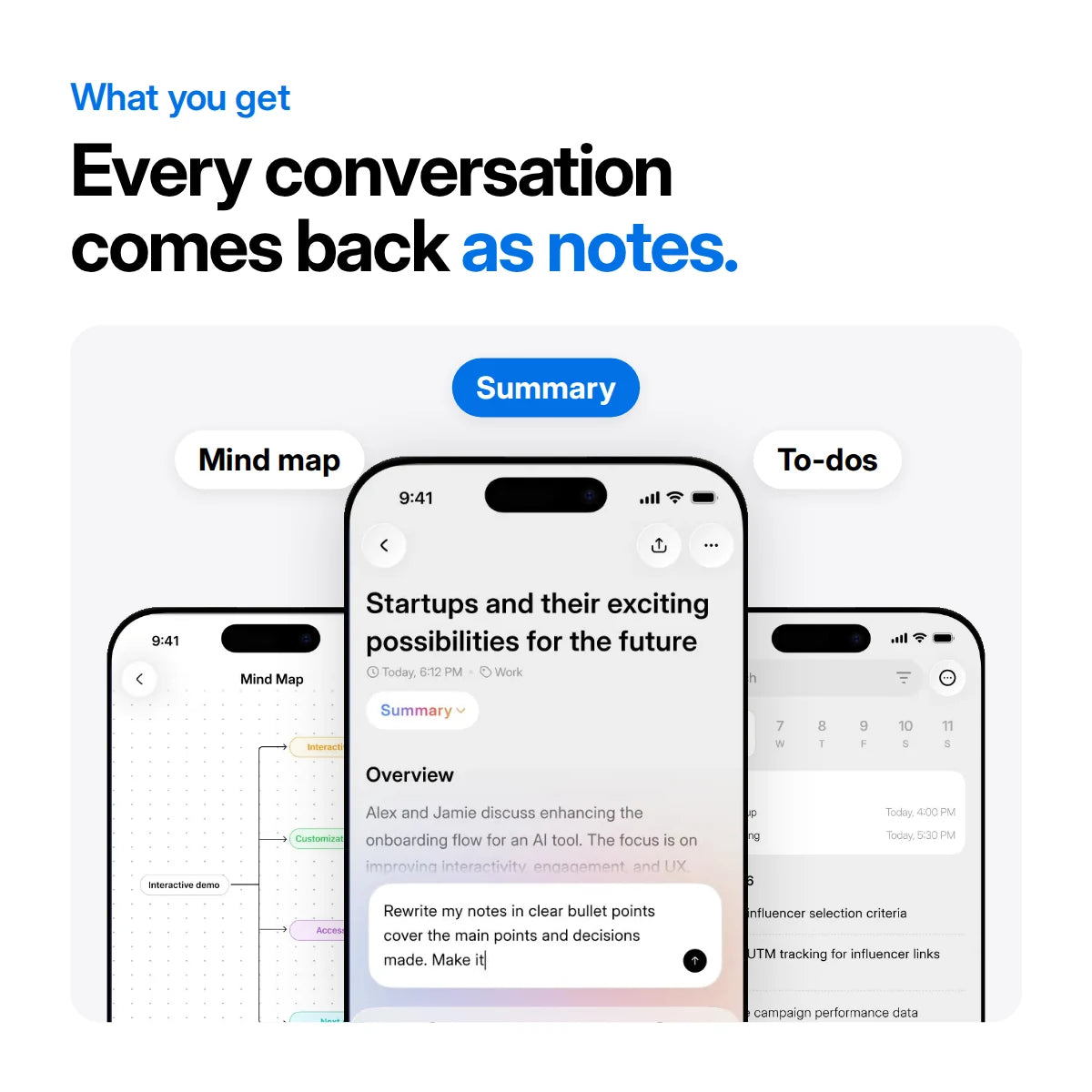 Every conversation comes back as notes: summary, to-dos and mind map