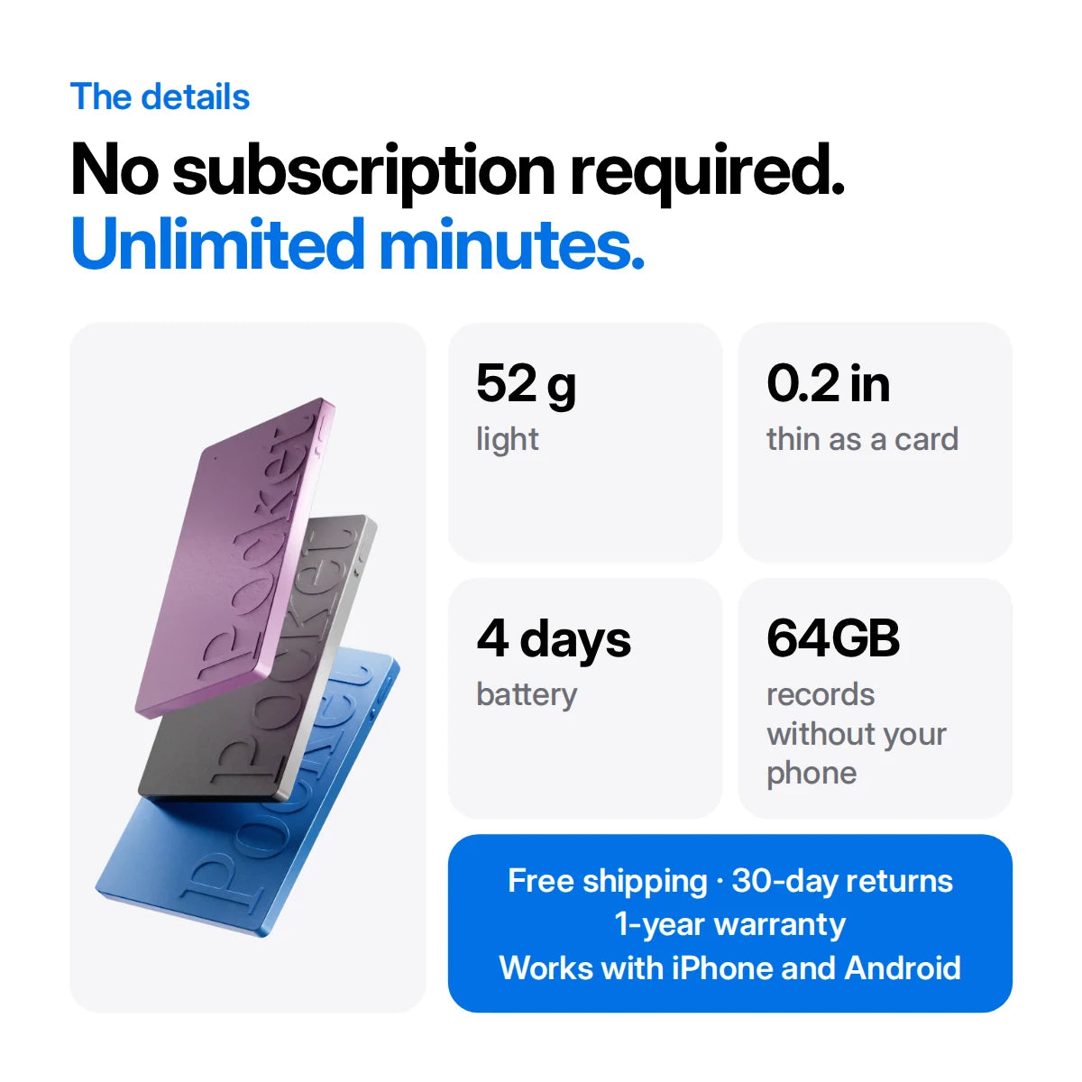 No subscription required, unlimited minutes, specs and guarantees